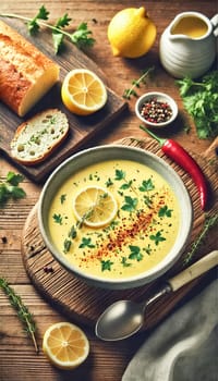 A beautifully presented bowl of creamy yellow soup garnished with a slice of lemon, fresh herbs, and a sprinkle of chili flakes. The setup on a marble surface, complete with a slice of crusty bread and surrounding ingredients, creates a cozy and inviting atmosphere.