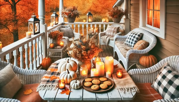 These images showcase a wide perspective of a serene autumn porch, highlighting a rustic wooden table adorned with white pumpkins, candles, and dried flowers. The cozy setup includes wicker chairs with plaid cushions, and the vibrant orange and yellow fall foliage creates a warm, inviting atmosphere perfect for a quiet, intimate evening gathering.