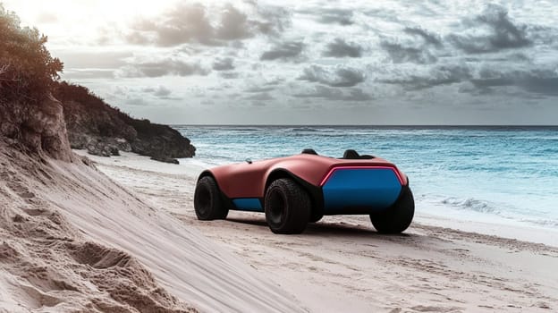 Futuristic, autonomous, electric car is parked on a pristine beach with a rocky cliff and turquoise ocean in the background. The car is a sleek and modern design, with a silver and blue exterior