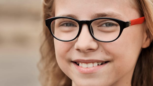 Close up of a cheerful school girl wearing eyeglasses, showcasing youthful confidence and a bright smile