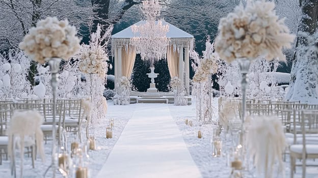 Grand magical winter wedding reception adorned with luxurious decorfation and illumination, creating an enchanting and romantic setting