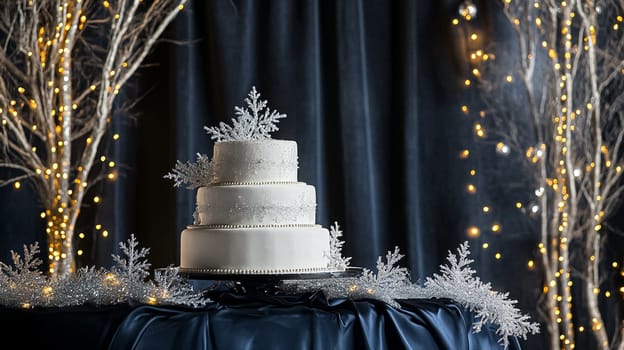 Grand magical winter wedding reception adorned with luxurious decorfation and illumination, creating an enchanting and romantic setting