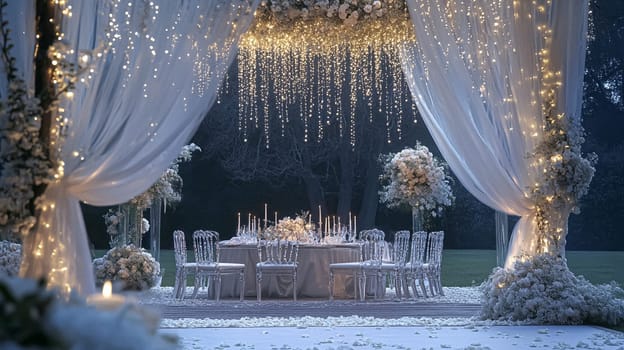 Grand magical winter wedding reception adorned with luxurious decorfation and illumination, creating an enchanting and romantic setting