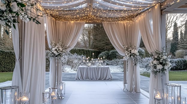 Grand magical winter wedding reception adorned with luxurious decorfation and illumination, creating an enchanting and romantic setting
