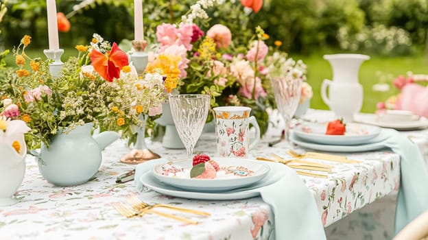 Sunlit tablescapes adorned with delicate floral arrangements, elegant glassware, and fine china. Set in lush gardens, each scene captures the charm of alfresco dining idea