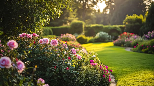 English rose garden, elegant floral archways, and serene countryside landscapes. Timeless charm, pastel hues, and romantic beauty create an enchanting outdoor retreat idea