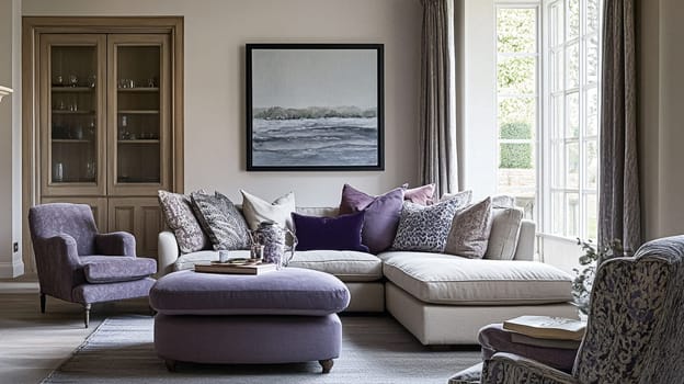 Elegant English interiors, featuring rich fabrics, delicate floral patterns, and timeless decor with a romantic and sophisticated atmosphere