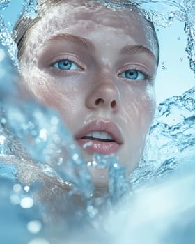 Beauty skincare portrait of stunning blue-eyed woman in crystal-clear water splashes, hydrating skin care moisturiser concept, flawless skin glistening with freshness, embodying purity and radiant beauty