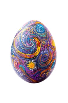 A vibrant, intricately painted egg is beautifully showcasing mesmerizing cosmic patterns and bright colors