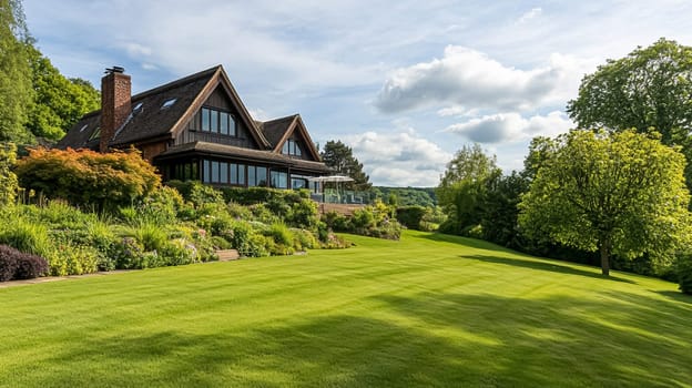 Grand and refined English countryside home, featuring timeless architectural elegance, manicured gardens, and charming details that exude sophistication and heritage idea