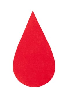 Red velvet cardboard cut out in the shape of a drop of blood, isolated on a clean white background, symbolizes hemophilia, blood donation and blood-related diseases, World Blood Donor Day