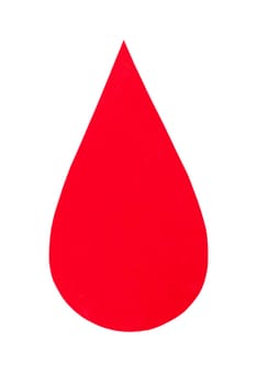 Red velvet cardboard cut out in the shape of a drop of blood, isolated on a clean white background, symbolizes hemophilia, blood donation and blood-related diseases, World Blood Donor Day