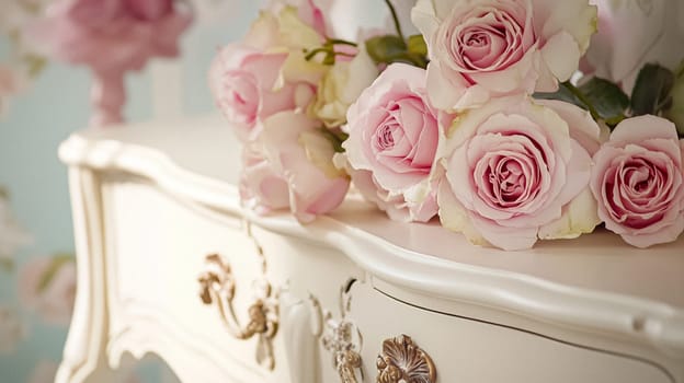 English style cottage interior in romantic colours, delicate patterns, vintage furnishings, evoking the timeless charm and tranquillity of a classic countryside