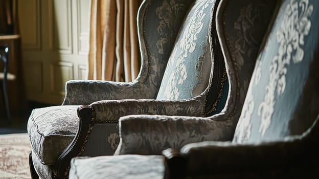 English style cottage interior in romantic colours, delicate patterns, vintage furnishings, evoking the timeless charm and tranquillity of a classic countryside
