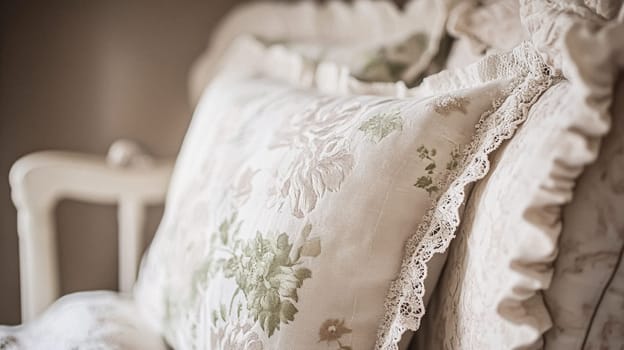 English style cottage interior in romantic colours, delicate patterns, vintage furnishings, evoking the timeless charm and tranquillity of a classic countryside