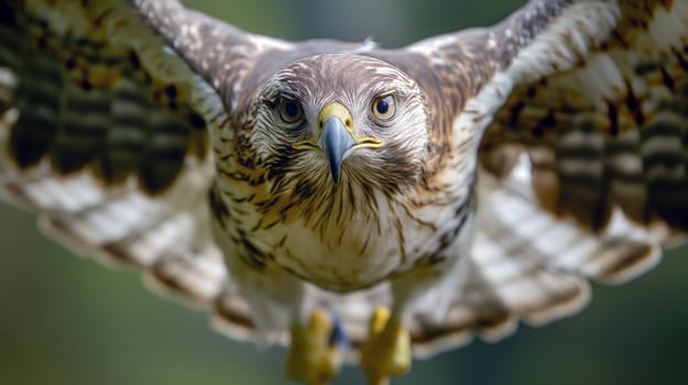 A hawk soars through the air with outstretched wings, its sharp gaze focused ahead. The background blurs into soft greens, highlighting the bird's elegance during flight - Generative A - Generative AI