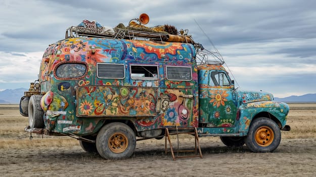 A vintage truck with vibrant, artistic paintwork stands in a vast field under a dramatic sky, showcasing creativity and a unique style amidst nature - Generative AI