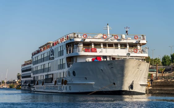 Aswan, Egypt - 5 November 2024: VIking cruises MS Antares docked by the Nile in Aswan