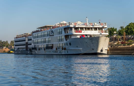 Aswan, Egypt - 5 November 2024: VIking cruises MS Antares docked by the Nile in Aswan