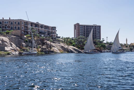 Aswan, Egypt - 4 November 2024: Two felucca boats sailing downstream and tacking against wind by Old Cataract Hotel