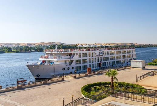 Aswan, Egypt - 4 November 2024: VIking cruises MS Antares docked by the Nile in Aswan