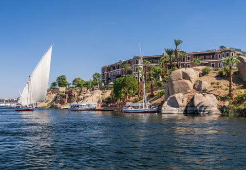 Aswan, Egypt - 4 November 2024: Felucca sailing upstream with a full sail for a cruise on the Nile by the Old Cataract Hotel