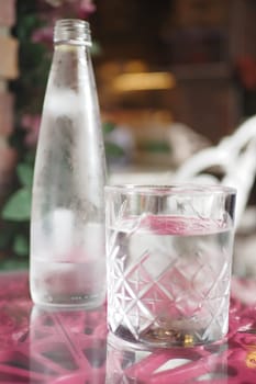 Clear water in an elegant glass beside a stylish bottle on a table.