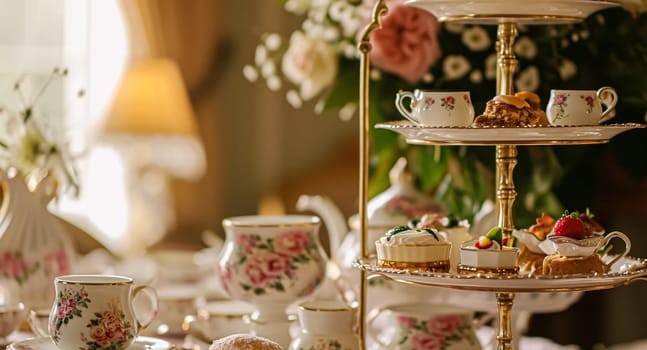 Elegant table setting for tea party with cakes and cupcakes in English manor. Selective focus. Vintage style