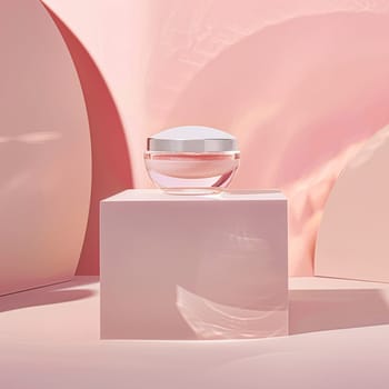 Cosmetic cream in a glass jar on a pink backdrop. Skin care concept. Background for beauty products