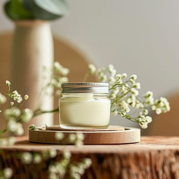 Cosmetic cream in a glass jar. Skin care concept. Background for beauty products