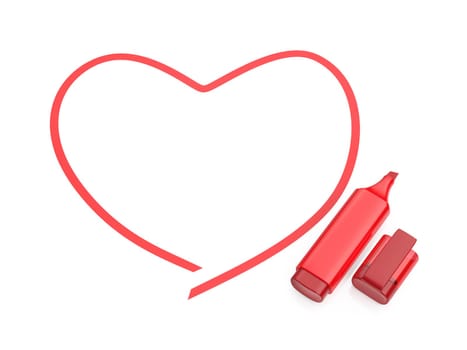 Red marker and red heart on white background