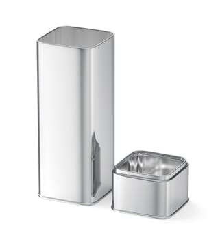 Small empty shiny metal box with a lid on a white background