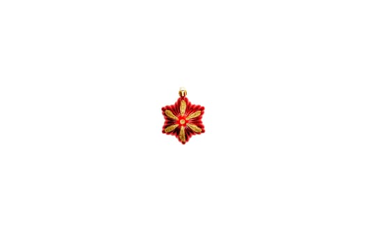 Red shiny Christmas tree toy star isolated on white background.Details for new year and Christmas holidays atmosphere, design of greeting card banner.