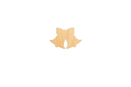 Wooden flat blank figure of two Christmas bells on white isolated background.Flat lay, top view, mock up, copy space