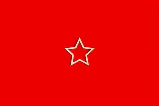 One natural unpainted wooden star shape frame on red background. Close up. Mock up