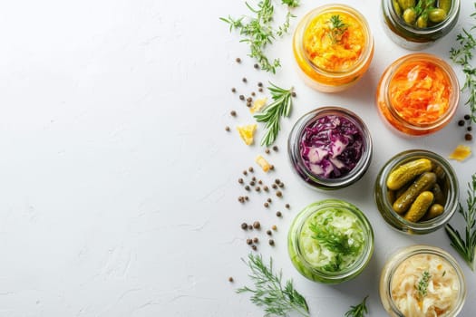 A variety of probiotic-rich fermented vegetables, including sauerkraut, pickles, and kimchi, arranged in glass jars with herbs and spices on a white background. Space for text on the left.