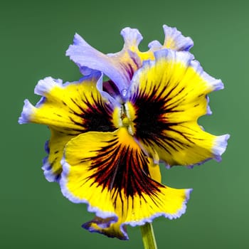 Close-up of a vibrant ruffled pansy flower with striking yellow and purple petals, adorned with intricate dark veining and delicate water droplets. The green background enhances its vivid colors