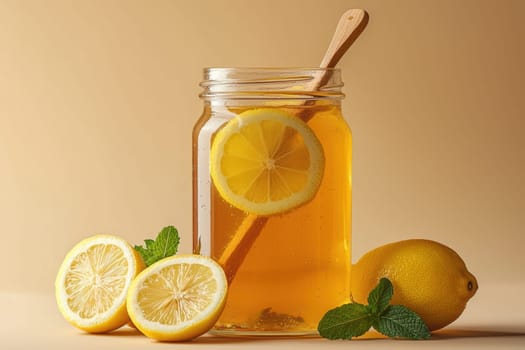 A jar of golden fermented honey lemon drink with fresh lemon slices and mint on a warm background. A natural probiotic beverage for gut health and immunity. Space for text on the right.