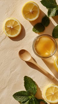 A small jar of golden honey with fresh lemon slices and mint leaves on a sunlit textured background. A natural remedy rich in probiotics and antioxidants for gut health and immunity.