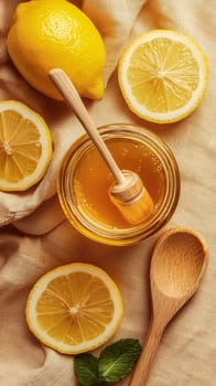 A glass jar of golden honey with fresh lemon slices and mint leaves on textured fabric. A natural health food rich in probiotics and antioxidants. Warm and inviting composition.