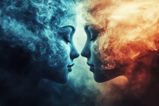 Silhouette of two female faces with blue and red smoke. Meditation, astral, mental health.
