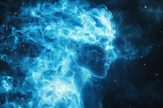 Silhouette of a man in clouds of smoke with neural connections on a dark blue background.