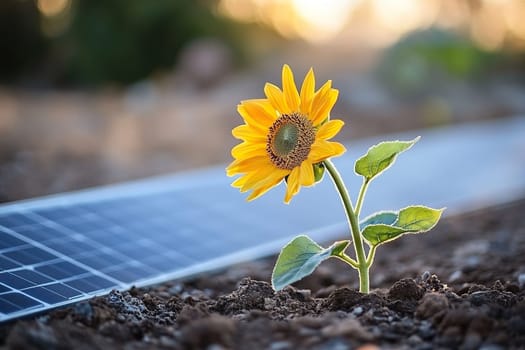 Sunflower growing beside solar panel in a field. Represents renewable energy and environmental sustainability, highlighting the connection between nature and technology.
