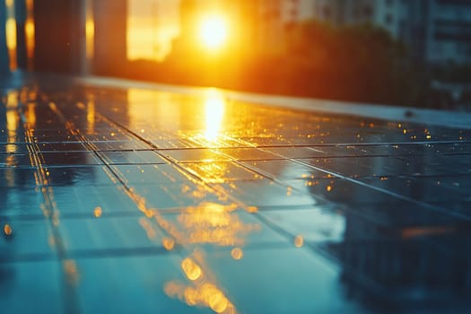 Late afternoon sunlight reflects off shiny, wet pavement, creating a vibrant and atmospheric scene. The glow from the setting sun adds warmth and depth to the urban environment.
