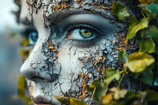 The female face symbolizes cracked dry soil with green plants.