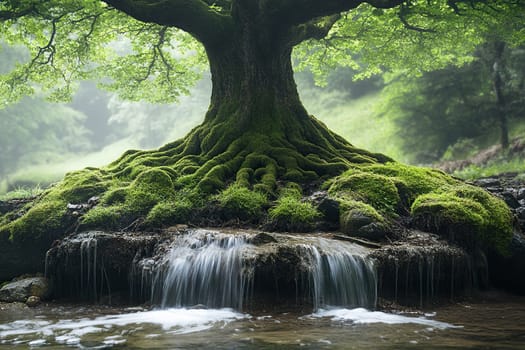 Enchanting tree with lush green foliage and expansive roots cascading over a tranquil stream. Emphasizes the harmony between nature and water in a serene forest setting.