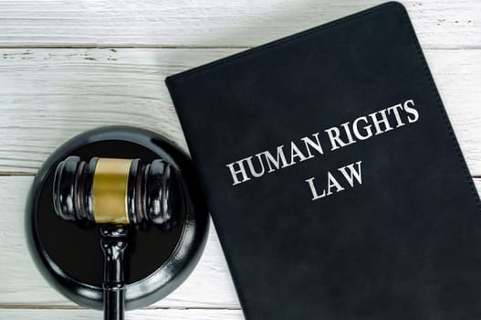 Top view of Human Rights Law book with gavel background.