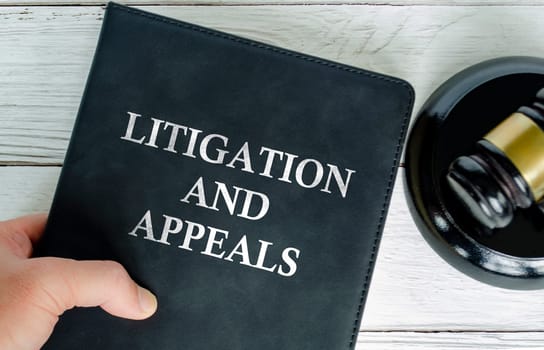 Hand holding Litigation and Appeals book with gavel background.