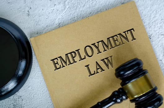 Top view of Employment Law book with gavel on marble background.