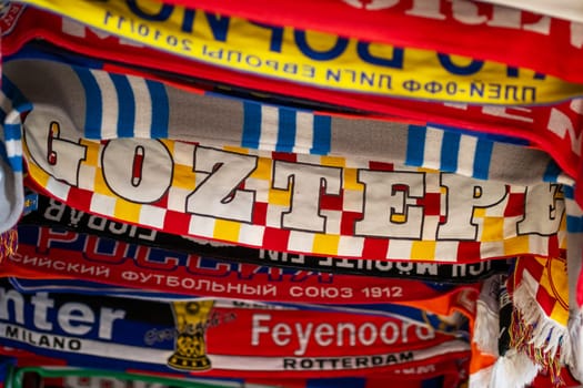 Belarus, Minsk - 25.02.2025: A stylish scarf prominently featuring the word goztepe on it, perfect for displaying your support or love for the team